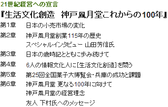 生活文化創造　神戸風月堂これからの100年  第1章　日本の小売市場の変化  第2章　神戸璟月堂創業115年の歴史  スペシャルインタビュー 山田芳信氏  第3章　日本の歳時記とともに歩み続けて  第4章　6人の文化人に「生活文化創造」を問う  第5章　第25回全国菓子大博覧会・神戸姫路菓子博2008の成功と課題  第6章　神戸璟月堂 更なる100年に向けて　神戸璟月堂の経営理念　友人 下村氏へのメッセージ